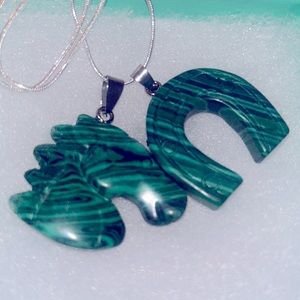 Hippie Boho Faux Malachite Horse 🐎 and Horseshoe Silver 24” Neck…